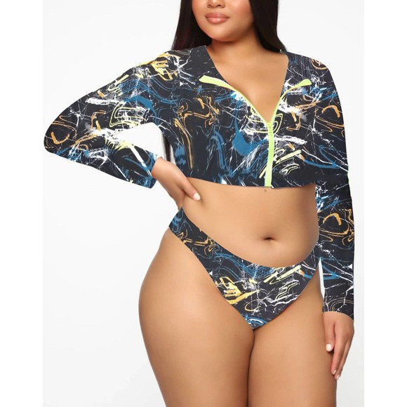 Bikini Long Sleeve Zipper Swimsuit Plus Size Colorful Sexy Plus Size Swimsuit - Picture 3 of 9